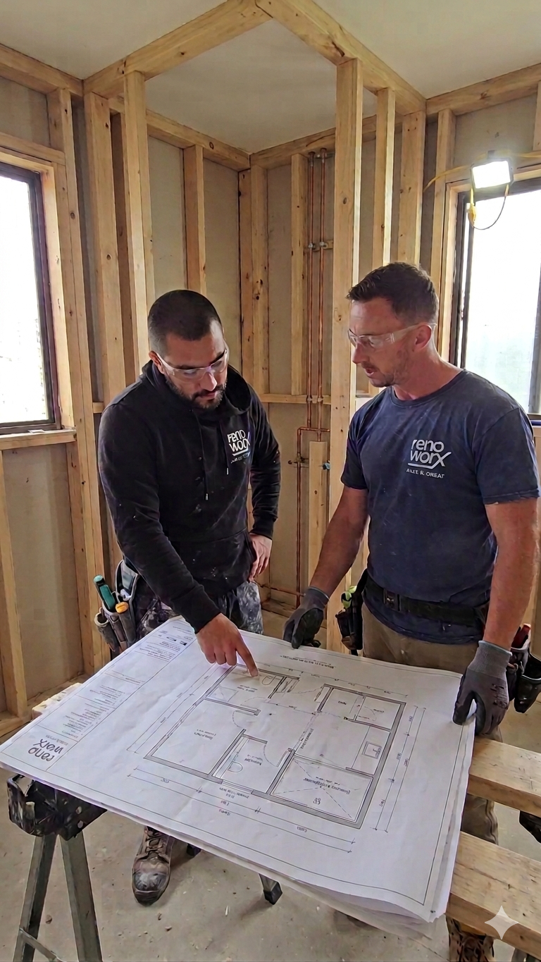 Matt and Oscar reviewing floor plans on a RenoWorx renovation site in Melbourne