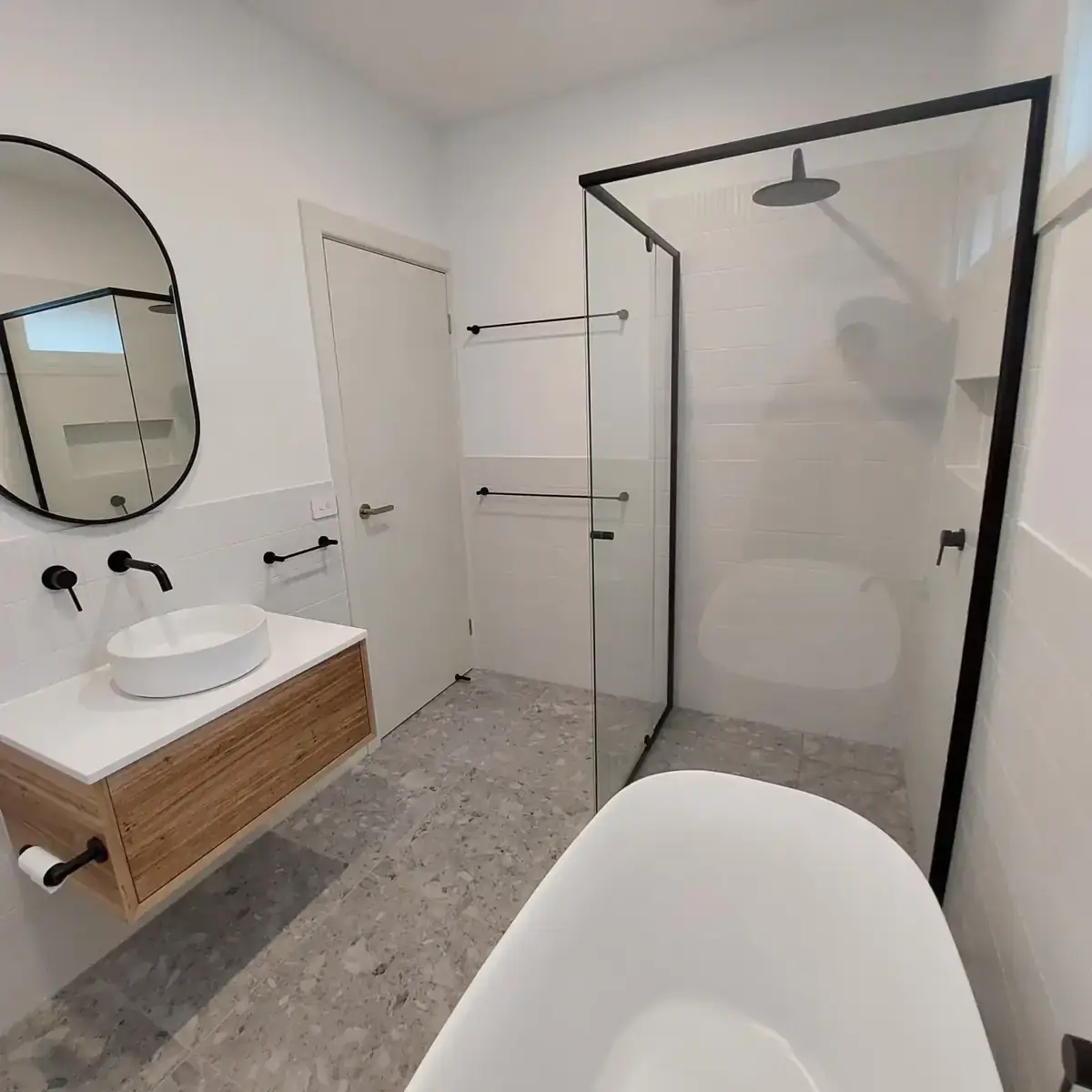 Williamstown master bathroom in terrazzo and timber